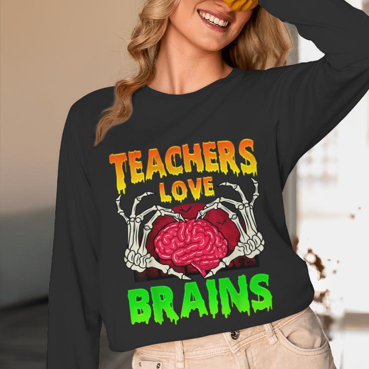 Teacher Teachers Love Brains Skeleton Hand Heart Halloween Unisex Long Sleeve T-Shirt, funny design