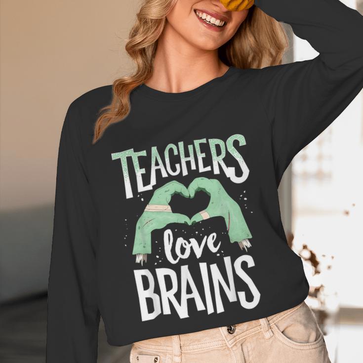 Teachers Love Brains Halloween Costume Trick Treat Zombie Unisex Long Sleeve T-Shirt, funny design