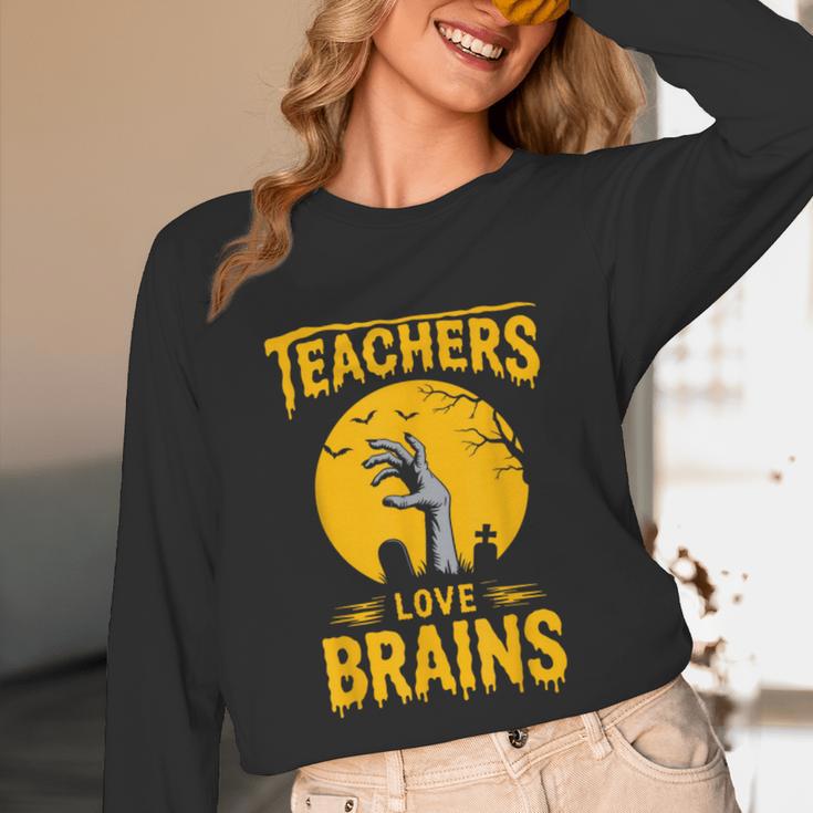 Teachers Love Brains Shirt Men Women Halloween Teacher Unisex Long Sleeve T-Shirt, funny design
