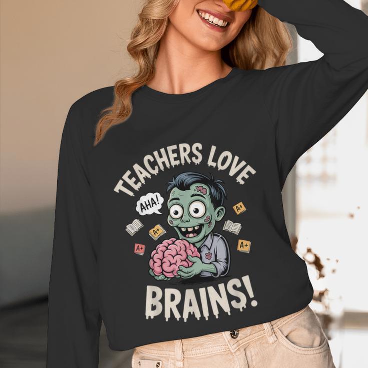 Teachers Love Brains Shirt Men Women Teacher Halloween Unisex Long Sleeve T-Shirt, funny design