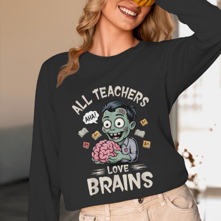 Teachers Love Brains Tee-Shirt Men Women Halloween Teacher Unisex Long Sleeve T-Shirt, funny design