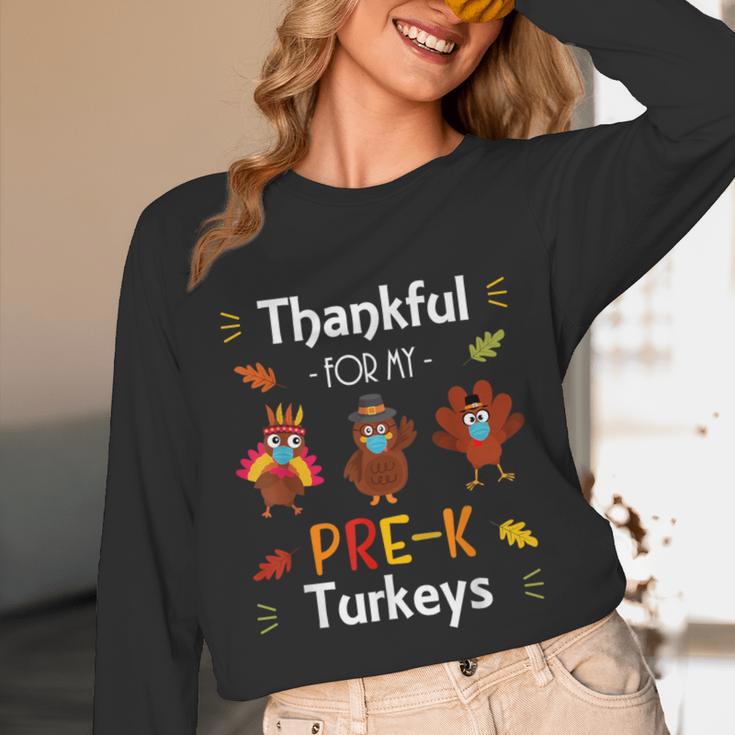 Thankful For My Prek Turkeys In Masks Thanksgiving Teacher For Men Women Unisex Long Sleeve T-Shirt, funny design