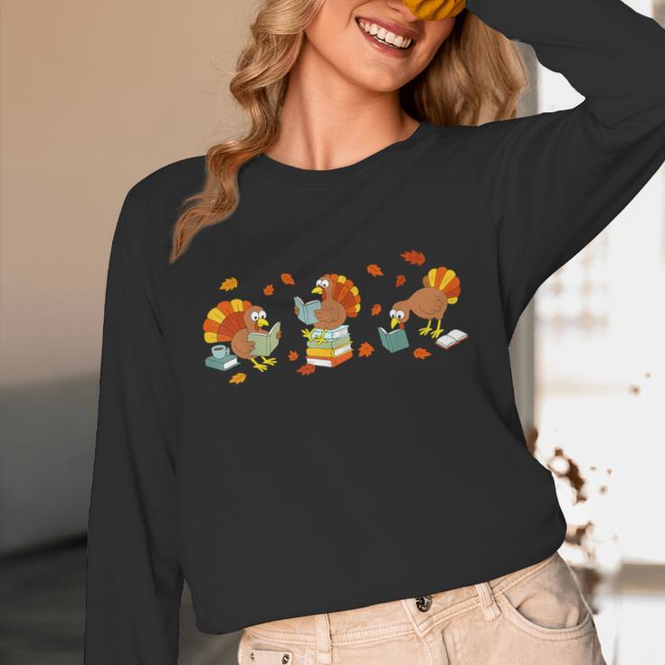 Turkey Reading Books Fall Thanksgiving Teacher Book Lovers Unisex Long Sleeve T-Shirt, funny design