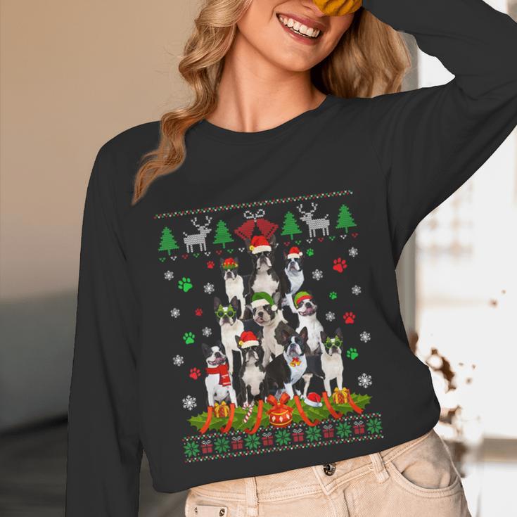 Ugly Sweater Christmas Tree Boston Terrier Dog Xmas Pajama Unisex Long Sleeve T-Shirt, funny design