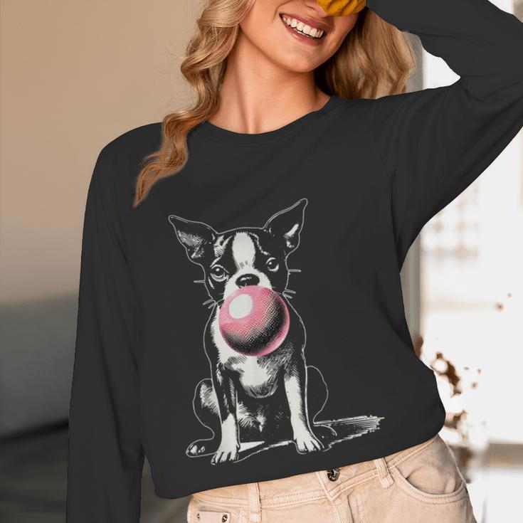 Vintage Boston Terrier Blowing Bubble Gum American Gentleman Unisex Long Sleeve T-Shirt, funny design