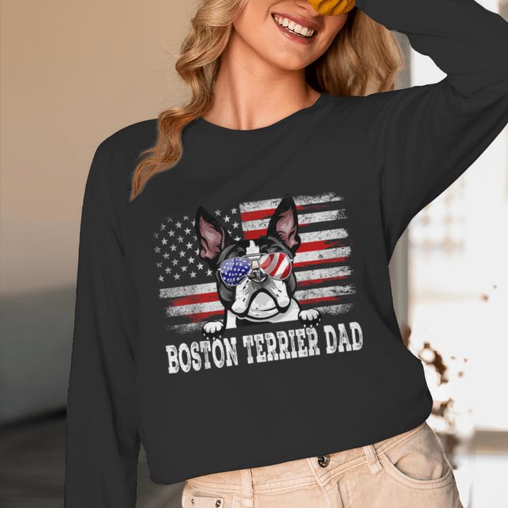 Vintage Boston Terrier Dad American Flag Father's Day Unisex Long Sleeve T-Shirt, funny design
