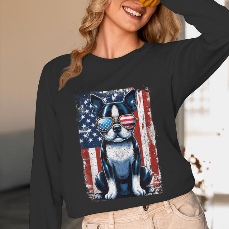 Vintage Boston Terrier Dog American USA US Flag Pets Lovers Tank Top Unisex Long Sleeve T-Shirt, funny design