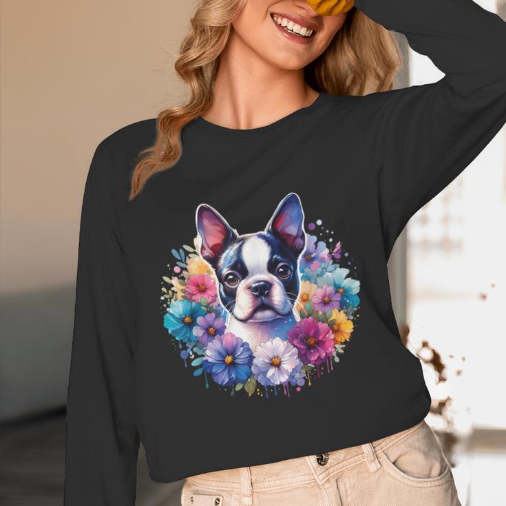 Watercolor Floral Boston Terrier Mama Dog Lover Mother's Day Unisex Long Sleeve T-Shirt, funny design