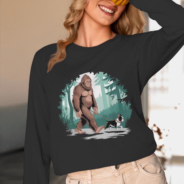 Whimsical Forest Adventures Sasquatch Bigfoot Walking Boston Terrier Dog Lovers Unisex Long Sleeve T-Shirt, funny design