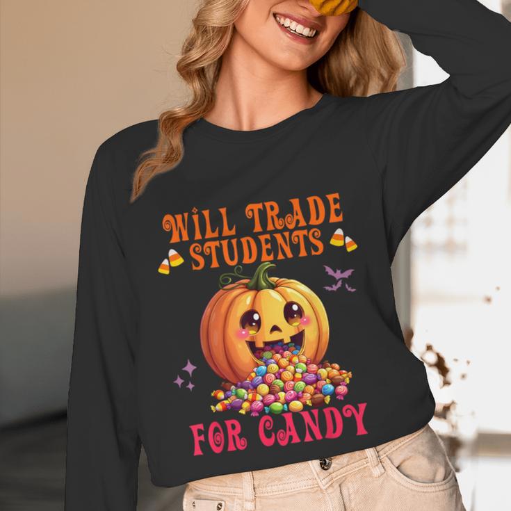 Will Trade Students For Candy Teacher Cute Halloween Pumpkin Unisex Long Sleeve T-Shirt, funny design