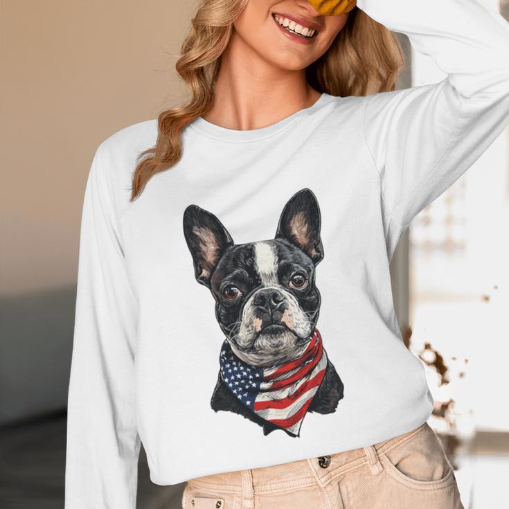 Boston Terrier American Flag Unisex Long Sleeve T-Shirt, funny design