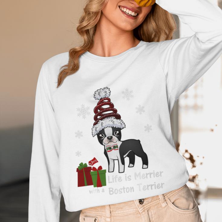 Boston Terrier Christmas T Shirt-Life Is Merrier Premium Tri-Blend Unisex Long Sleeve T-Shirt, funny design