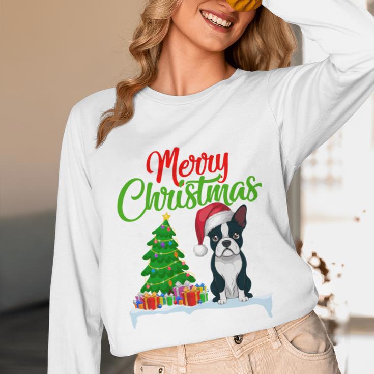 Boston Terrier Christmas Tree Lights Xmas Dog Lover Unisex Long Sleeve T-Shirt, funny design