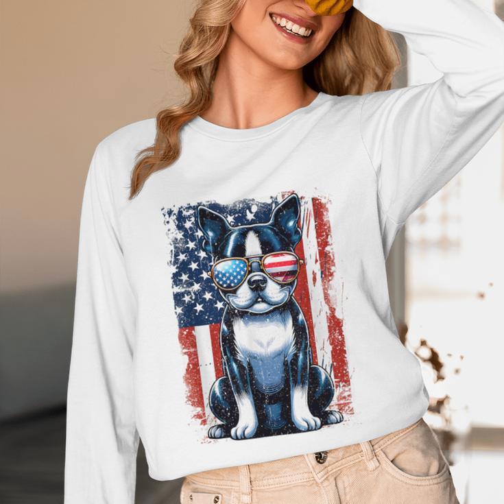 Boston Terrier Dog American USA US Flag Pets Vintage Outfit Unisex Long Sleeve T-Shirt, funny design