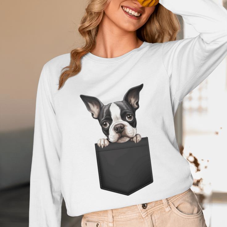 Boston Terrier Dog Puppy Dog In Pocket Cute Pet Lover Unisex Long Sleeve T-Shirt, funny design