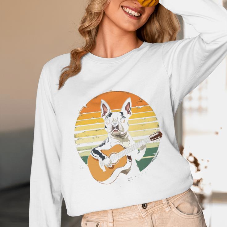 Boston Terrier Guitar Retro Unisex Long Sleeve T-Shirt, funny design