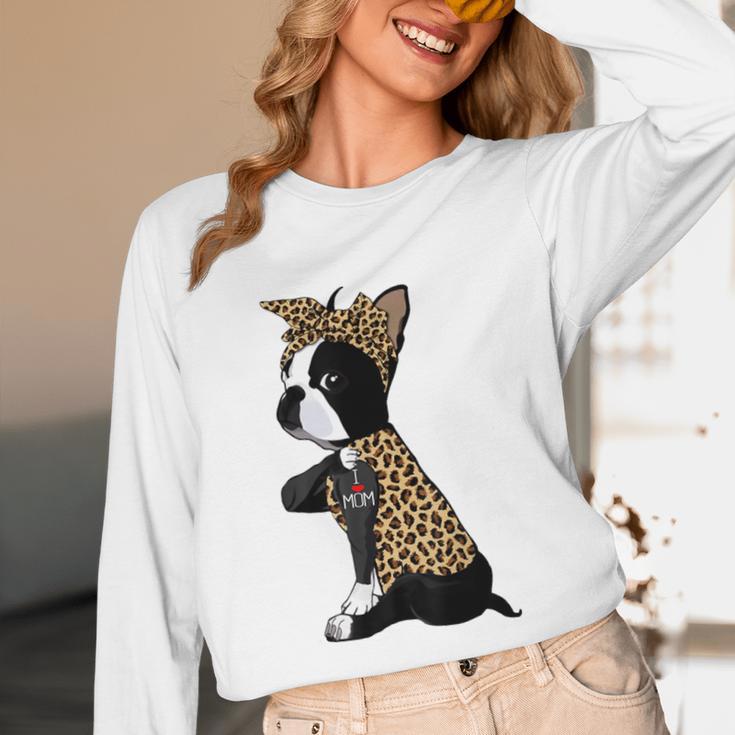Boston Terrier Lover I Love Mom Tattoo Leopard Unisex Long Sleeve T-Shirt, funny design