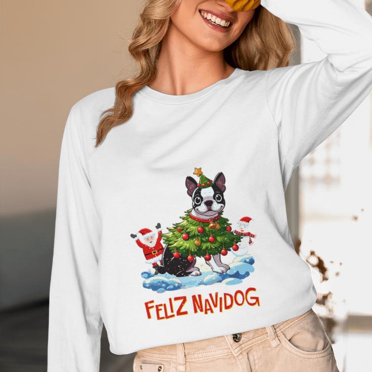 Boston Terrier Merry Christmas Tree Lights Dog X-Mas Dogs Unisex Long Sleeve T-Shirt, funny design