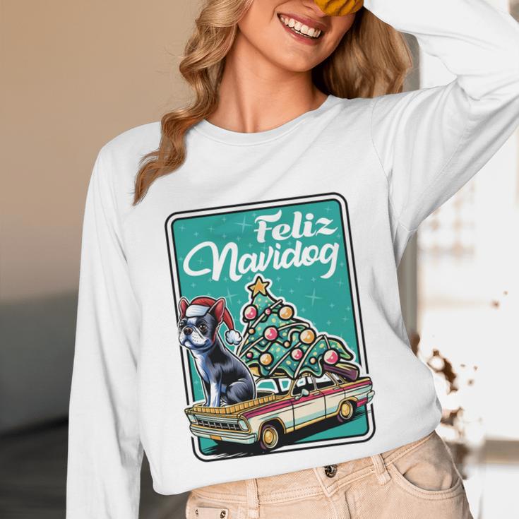 Boston Terrier Merry Christmas Tree Truck Dog X-Mas Unisex Long Sleeve T-Shirt, funny design