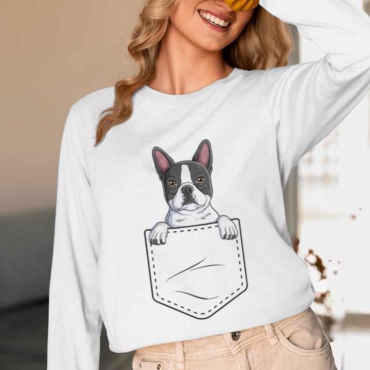 Boston Terrier In The Pocket Cute Boston Terrier Dog Lovers Men Women Girls Kids Unisex Long Sleeve T-Shirt, funny design