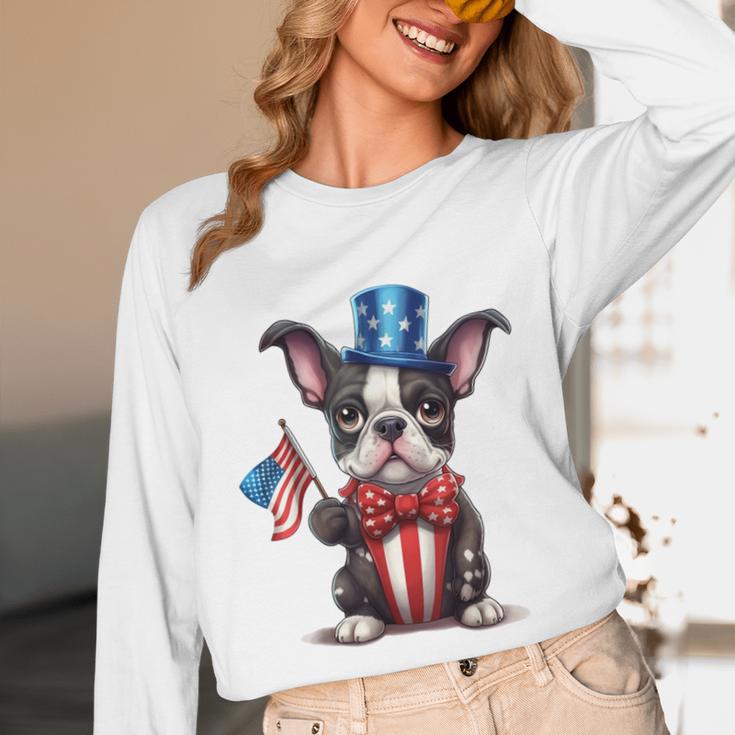 Boston Terrier Puppy Dog Holds His American Flag 4th Of July Unisex Long Sleeve T-Shirt, funny design