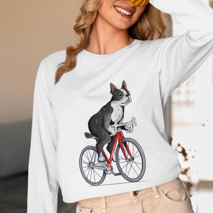 Boston Terrier Riding Bicycle Cute Bostie Biker Raglan Baseball Tee Unisex Long Sleeve T-Shirt, funny design