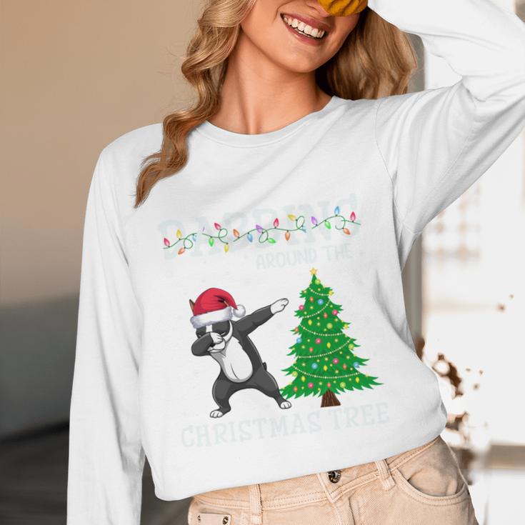 Boston Terrier Santa Hat Dabbing Around The Christmas Tree Unisex Long Sleeve T-Shirt, funny design