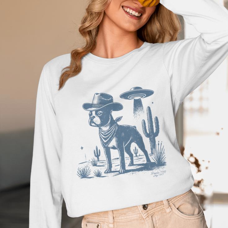 Boston Terrier UFO Cowboy Dog Dog Mom Dog Dad Alien Dog Unisex Long Sleeve T-Shirt, funny design
