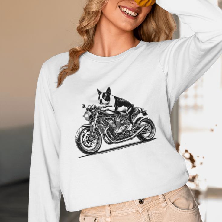 Cool Boston Terrier Riding a Motorcycle Biker Dog Lover For Men Women Kids Unisex Long Sleeve T-Shirt, funny design