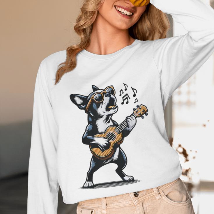 Dog Playing Guitar Singing Boston Terrier For Men Women Girls Kids Unisex Long Sleeve T-Shirt, funny design