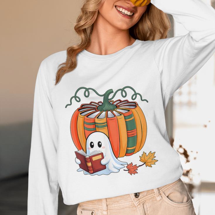 Fall Book Pumpkin Books Ghost Reading Halloween Teacher Unisex Long Sleeve T-Shirt, funny design