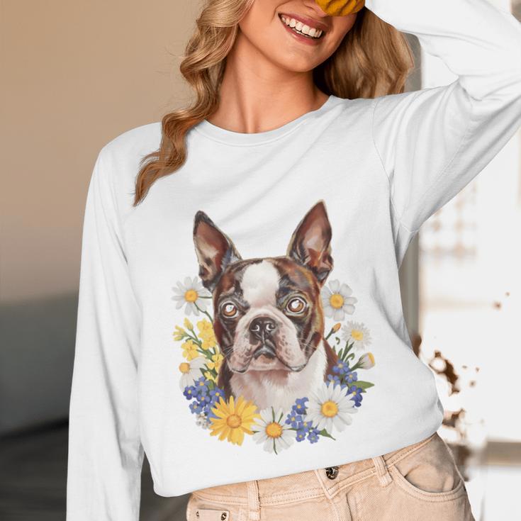 Floral Boston Terrier Unisex Long Sleeve T-Shirt, funny design