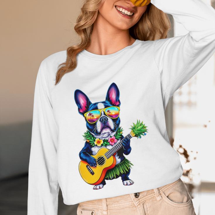 Hawaiian Boston Terrier & Pineapple Ukulele Summer Vacation Unisex Long Sleeve T-Shirt, funny design
