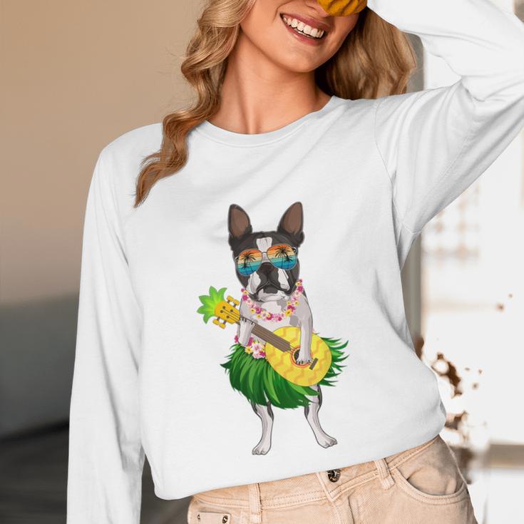 Hawaiian Boston Terrier Dog Pineapple Ukulele Summer For Men Women Girls Kids Unisex Long Sleeve T-Shirt, funny design