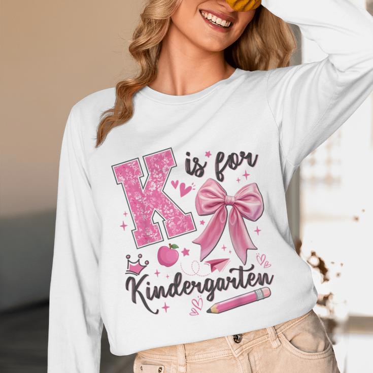 K Is For Kindergarten Teacher Coquette Bow Back To School Unisex Long Sleeve T-Shirt, funny design K Is For Kindergarten Teacher Coquette Bow Back To School Unisex Long Sleeve T-Shirt, funny design