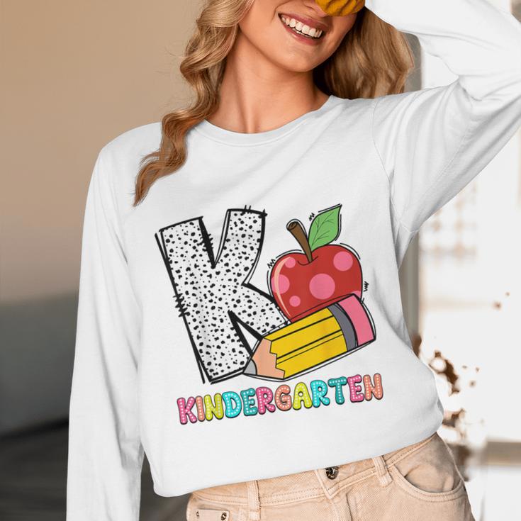 K Is For Kindergarten Teacher Pencil Apple Back To School Unisex Long Sleeve T-Shirt, funny design K Is For Kindergarten Teacher Pencil Apple Back To School Unisex Long Sleeve T-Shirt, funny design