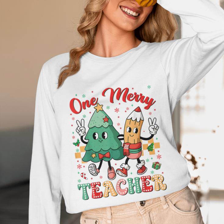 One Merry Teacher Groovy Christmas Tree Pjs Xmas Teacher Unisex Long Sleeve T-Shirt, funny design