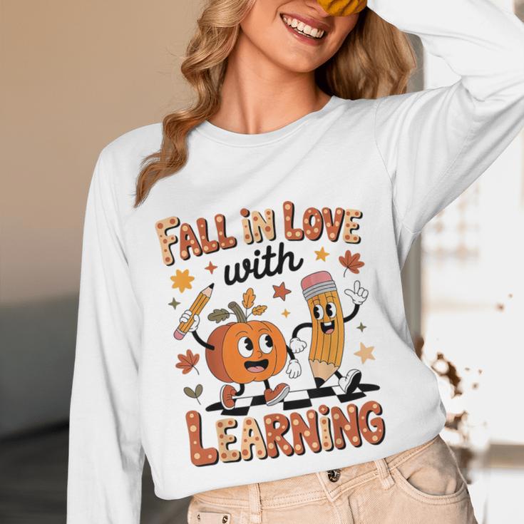 Retro Fall In Love With Learning Autumn Pumpkin Teacher Kids Unisex Long Sleeve T-Shirt, funny design
