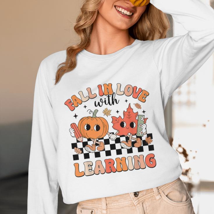 Retro Fall In Love With Learning Autumn Pumpkin Teacher Unisex Long Sleeve T-Shirt, funny design