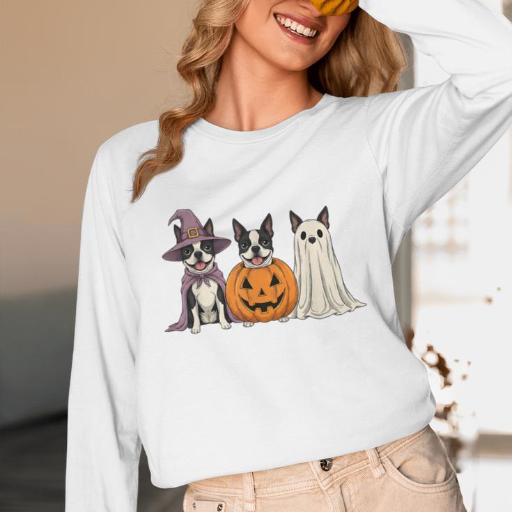 Spooky Ghost Boston Terrier Pumpkin Halloween Dog Lover Unisex Long Sleeve T-Shirt, funny design