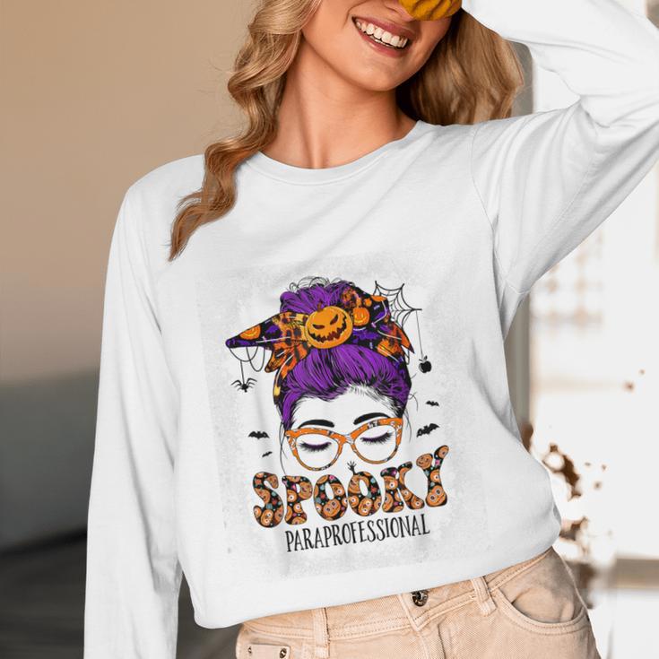 Spooky Paraprofessional Life Halloween Messy Bun Teacher For Men Women Unisex Long Sleeve T-Shirt, funny design