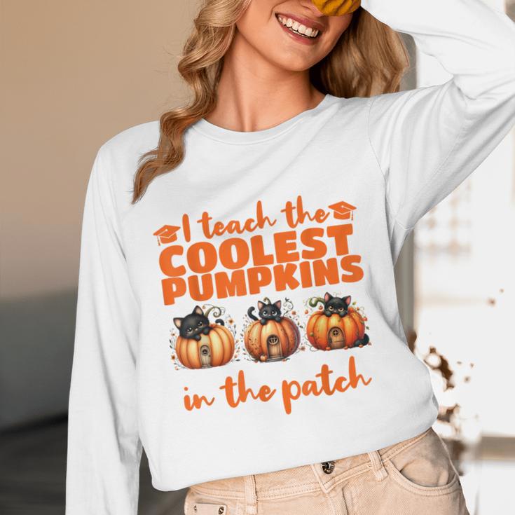 I Teach The Cutest Pumpkins Halloween Teacher Cat Lover Unisex Long Sleeve T-Shirt, funny design
