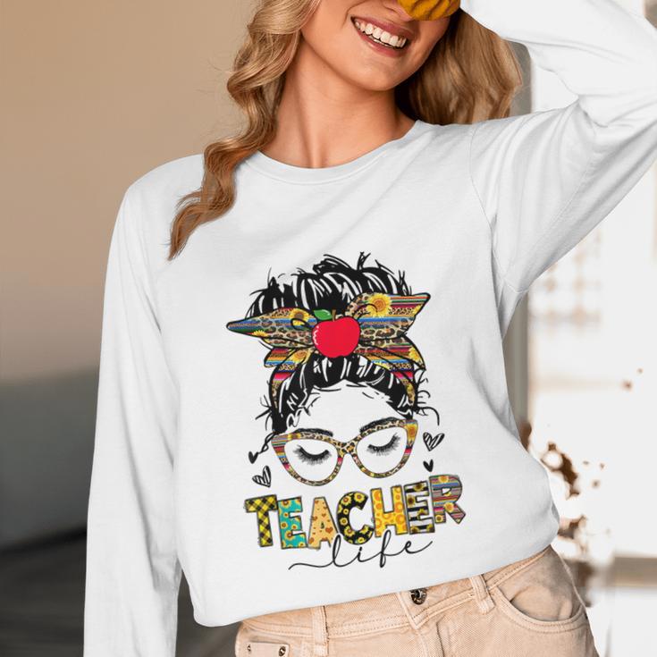 Teacher Life Messy Bun Glasses Leopard Sunflower Unisex Long Sleeve T-Shirt, funny design Teacher Life Messy Bun Glasses Leopard Sunflower Unisex Long Sleeve T-Shirt, funny design