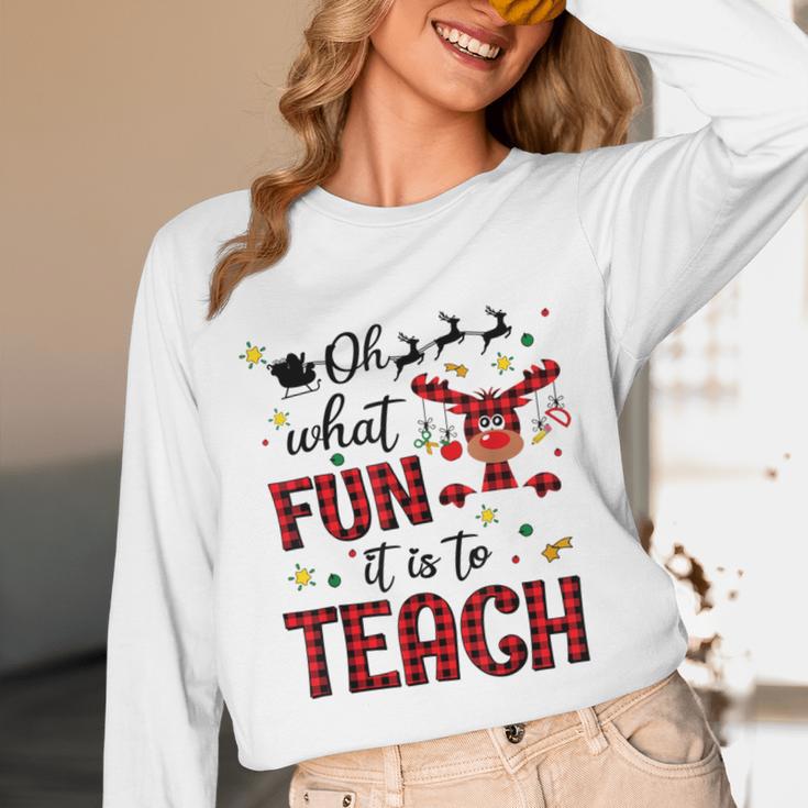 Teachers Oh What Fun It Is To Teach Cute Red Plaid Reindeer Unisex Long Sleeve T-Shirt, funny design