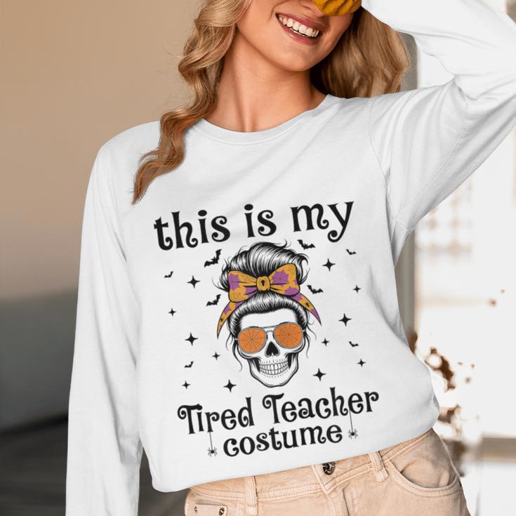 This Is My Tired Teacher Costume Skull Halloween Messy Bun Unisex Long Sleeve T-Shirt, funny design This Is My Tired Teacher Costume Skull Halloween Messy Bun Unisex Long Sleeve T-Shirt, funny design