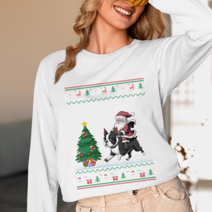 Ugly Christmas Tree Lights Xmas Santa Riding Boston Terrier Unisex Long Sleeve T-Shirt, funny design