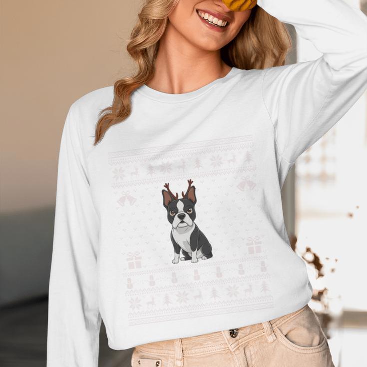 Ugly Xmas Sweater Style Boston Terrier Reindeer Christmas Unisex Long Sleeve T-Shirt, funny design