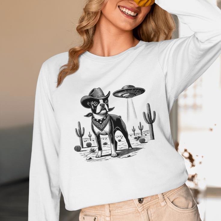 Vintage Boston Terrier UFO Western Wild West Dog Mom Dad Unisex Long Sleeve T-Shirt, funny design