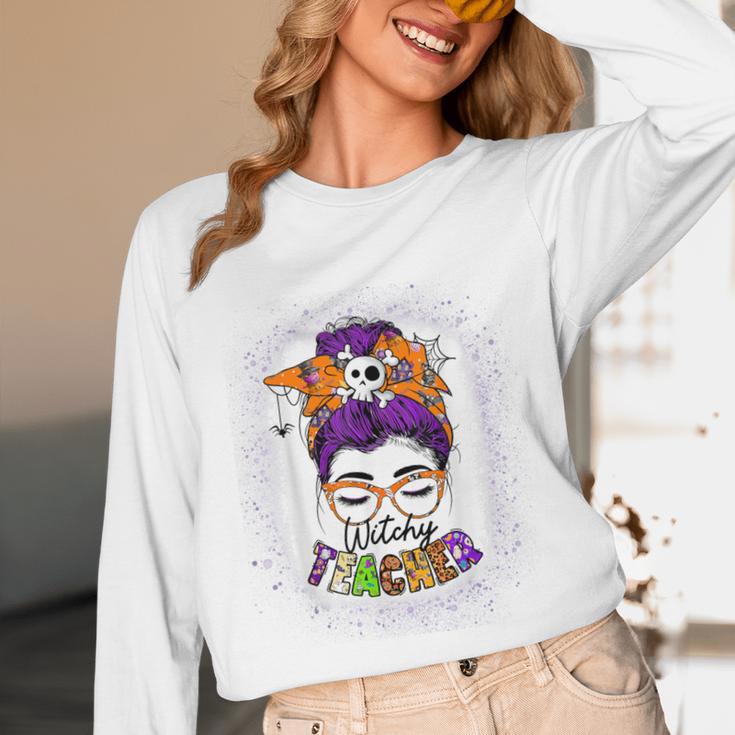 Witchy Teacher Halloween Messy Bun Teacher Bleached Unisex Long Sleeve T-Shirt, funny design Witchy Teacher Halloween Messy Bun Teacher Bleached Unisex Long Sleeve T-Shirt, funny design