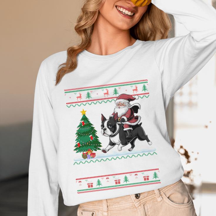 Xmas Tree Lighting Santa Riding Boston Terrier Christmas Unisex Long Sleeve T-Shirt, funny design